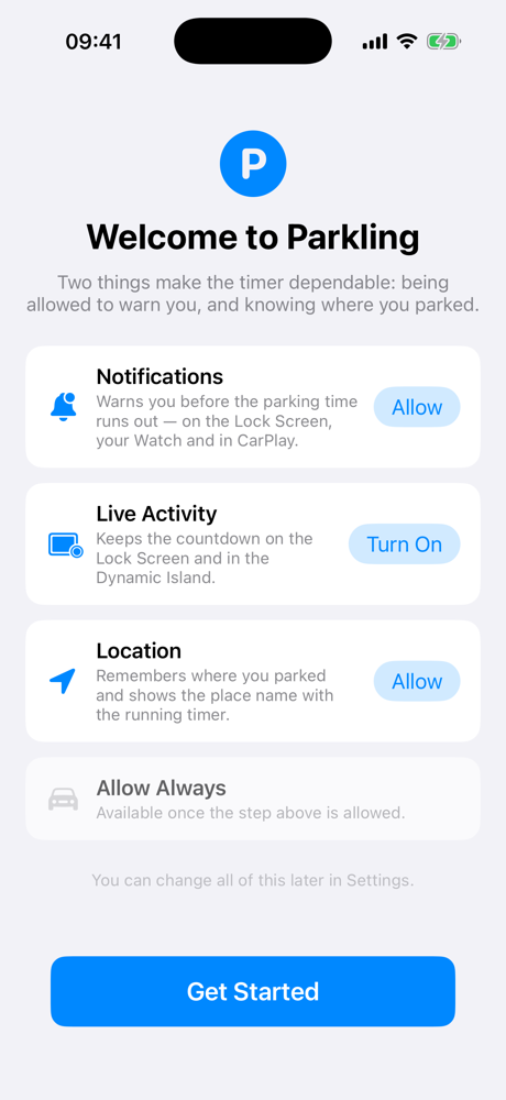 Welcome screen listing notification, Live Activity, and location permissions
