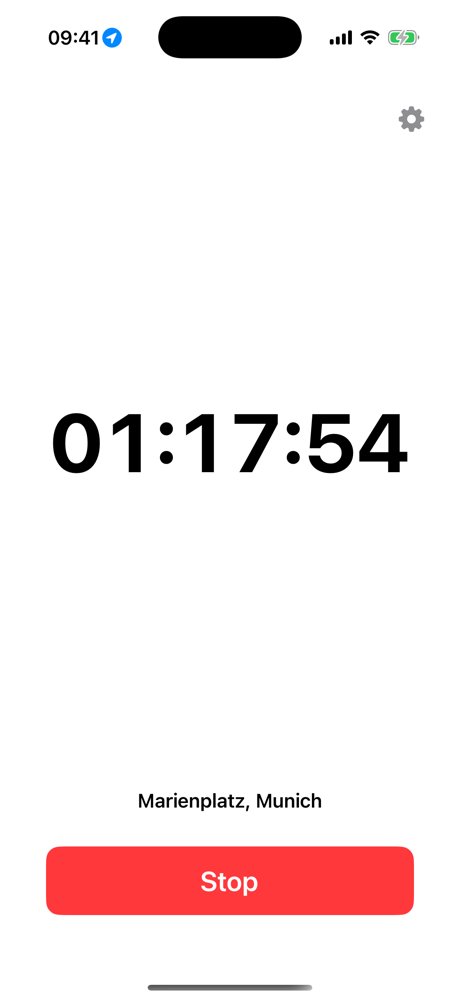 Running parking timer with countdown, location name, and Stop button